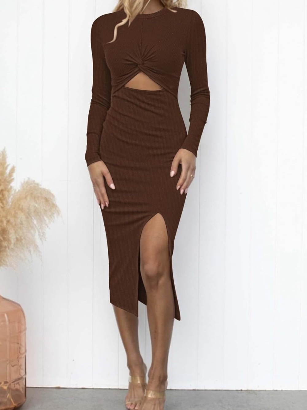 Chest-Twist Brown Long Sleeve Midi Dress
